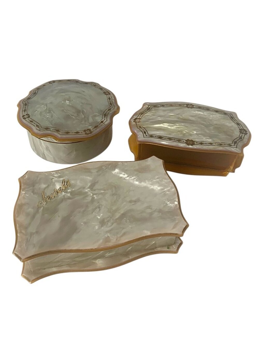 3 Art Deco Celluloid Powder Jars & Jewellery Holder Jewelry